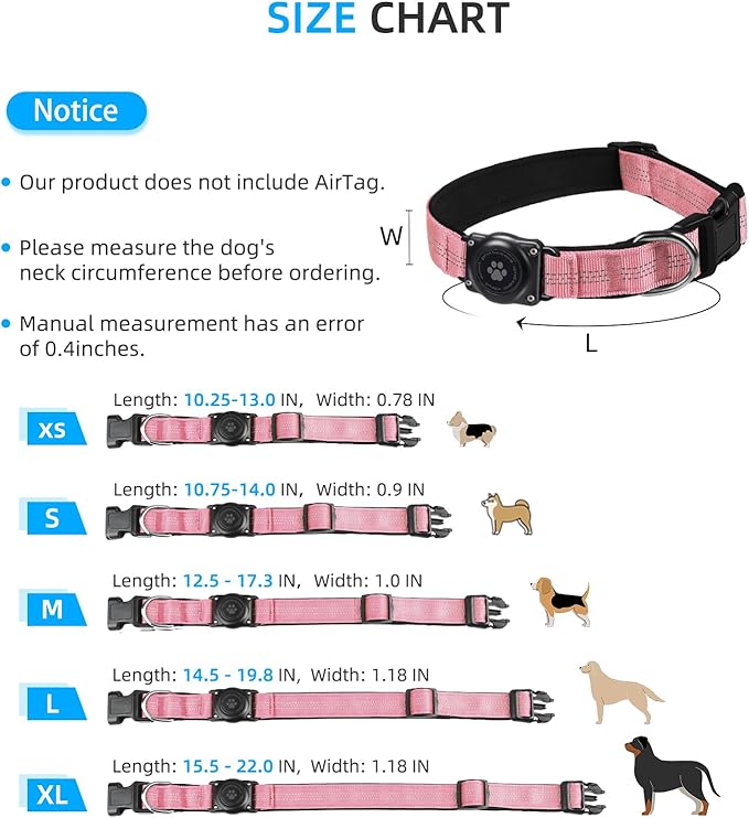 Upgraded AirTag Dog Collar, IP68 Waterproof Air Tag Dog Collar Holder, Reflective, Ultra-Durable, Comfortable Padded, Heavy Duty Dog Collars for Small Medium Large Dogs (L (14.8"-20.3"), Pink)