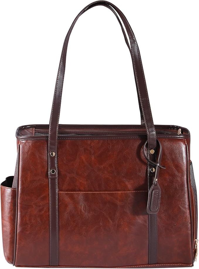 Fashion Dog Carrier Purse, Premium Leather Cat Carrier Bag, Airline Approved Soft Sided Pet Travel Tote Bag with Pockets Coffee