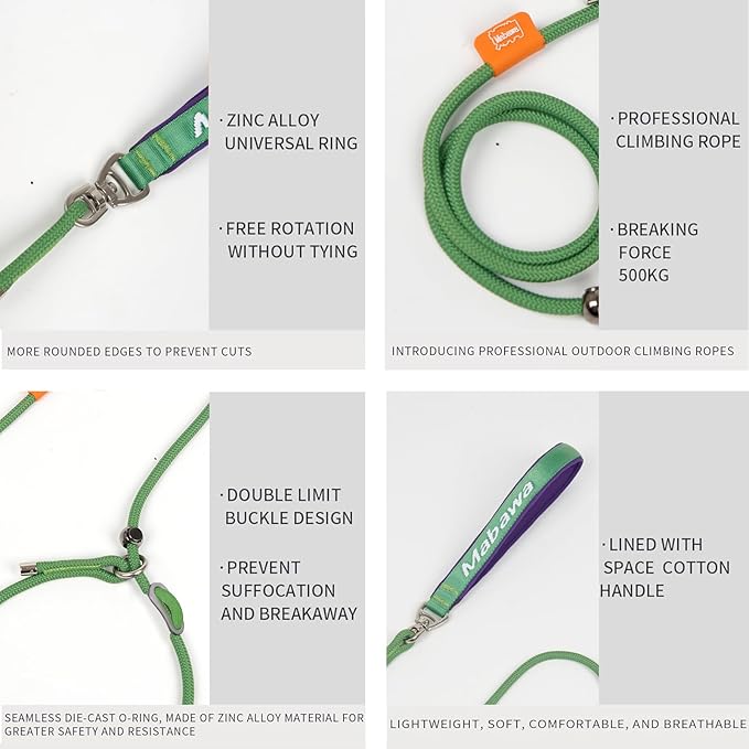 Dog Anti-Slip Leash 5FT with Metal Stopper - Durable No-Pull Training Lead for Small, Medium & Large Dogs - Comfortable Handle Nylon Rope, Tangle-Free Pet Walking Leash (Green, 5.6FT)