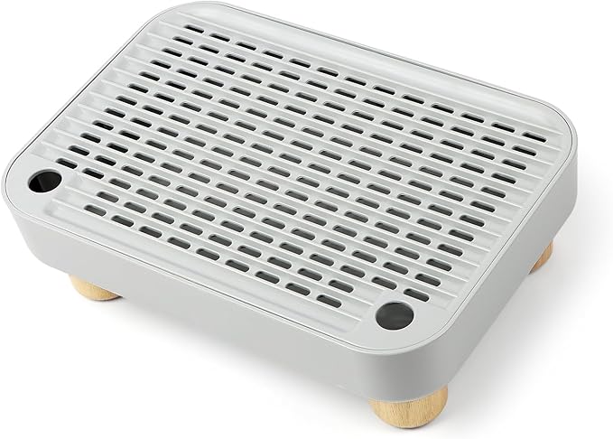 Cat Litter Box Step Ramp, Cat Litter Catcher Mat with Wooden Feet, Filter Function, Cat Pedal Stool for Self-Cleaning Cat Litter Box, Ideal for Kitten & Elderly Cats (Light Grey)