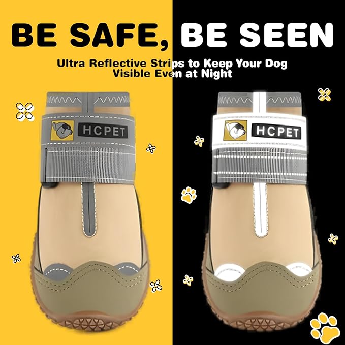 Hcpet Dog Shoes for Large Dogs, Waterproof Dog Booties for Small Medium Dogs, Anti-Slip Dog Boots & Paw Protectors for Hot Pavement Winter Snow Hiking with Reflective Straps Khaki Size 4