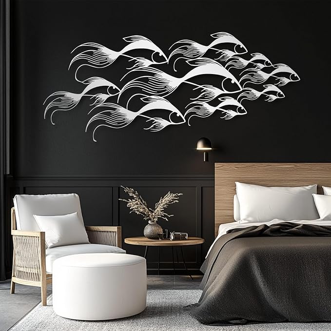 School of Fish Metal Wall Art, Metal Fish Wall Decor, Sea Life Wall Art, Large Nautical Wall Hanging, Modern Beach House Wall Decor, Ocean Themed Artwork for Bathroom (White, 59"x25" | 150x64cm)