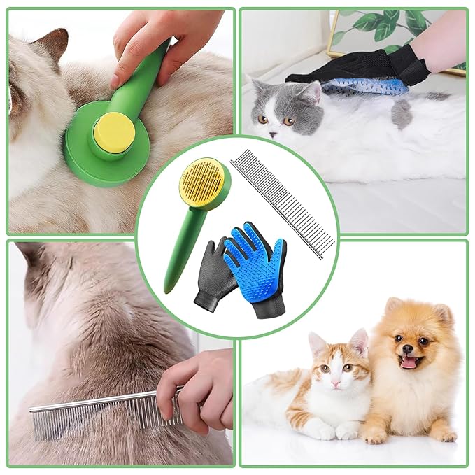 Dog & Cat Brush,Pet Grooming Kit 4PCS- Dog Brush for Shedding| A Pair Pet Hair Removal Gloves| Metal Comb for dog.Removes Undercoat, Loose Hair, Tangled, Dirt and Massages. All hair Types