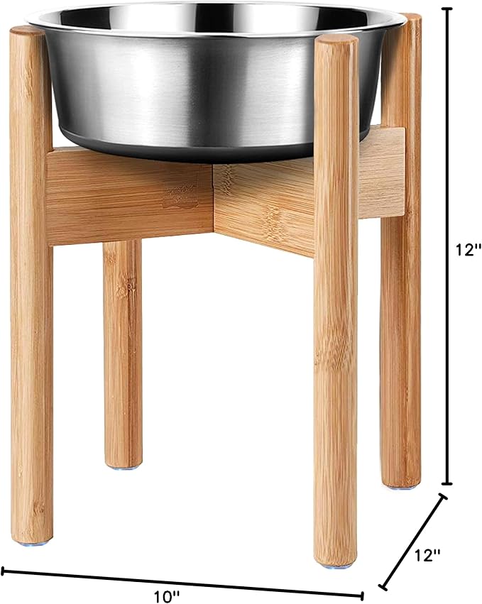 Dog Bowl Stand for Large Dogs - Raises Feeders and Bowls to 12-inch High, Expandable Sideways, Compatible to Various Sizes of Slow Feeders, Water Dishes and Fountains - Bamboo