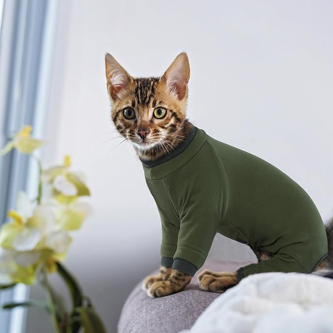 PUMYPOREITY Sticky Hair Cat Clothes, Prevent Hair Loss Cat Pajamas, Soft Cat Sweaters for Cats Only, Cat Hair Sticky Onesie, Cat Recovery Suit After Surgery, Green, 2XL