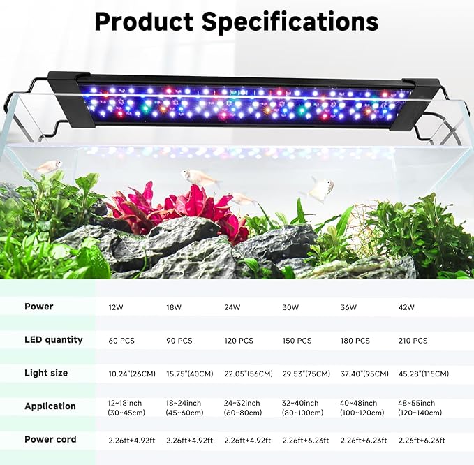 AQQA LED Aquarium Light, 24/7 Mode IP68 Waterproof Extendable Bracket Fish Tank Light, DIY Mode Full Spectrum Aquarium Plant Light, Adjustable Timer/Brightness Memory Function for 18-24 Inch Fish Tank