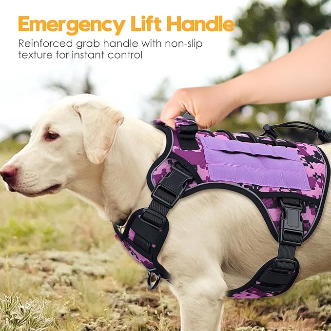 Heavy-Duty Tactical Dog Harness for Large Dogs, No Pull Adjustable Reflective Pet Vest with Molle System, K9 Military-Grade Control for Service Training, Outdoor & 10+ Breeds, Purple Camo, XX-Large