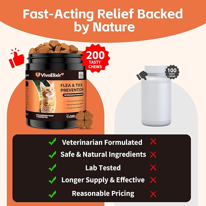 Flea & Tick Treatment for Cats – Natural Flea, Tick & Mosquito Prevention with Brewer’s Yeast, Coconut Oil – Skin & Coat Health, Immune Support – Vet Formulated 200 Chews