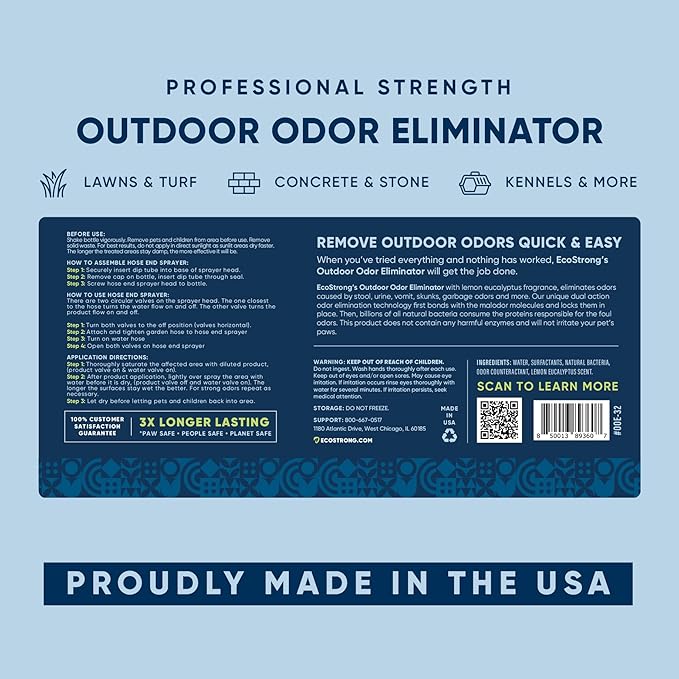 Outdoor Odor Eliminator | Outside Dog Urine Enzyme Cleaner – Powerful Pet, Cat, Animal Scent Deodorizer | Professional Strength for Yard, Turf, Kennels, Patios, Decks (32oz)