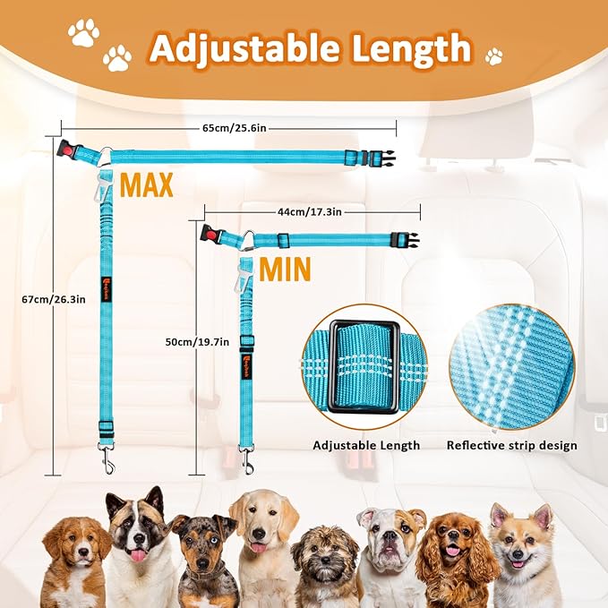 Removable Dog Seat Belt Harness for Car, 3 in 1 Pet Dog Car Seatbelt Leash, Retractable Restraint Secures to Vehicle Headrest & Adjustable Reflective Bungee Dog Seatbelt Tether, Blue