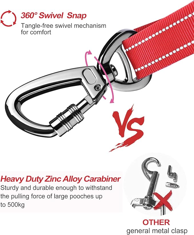 AUBELL Dog Seat Belt for Car,Updated 3-in-1 Adjustable Reflective Bungee Heavy Duty Dog Car Harness Tether with Clip Hook Latch & Buckle,Swivel Zinc Alloy Carabiner,Red