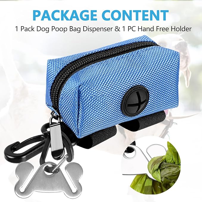 Dog Waste Bag Dispenser Pet Poop Bags Holder for Doggie Waste Bags Dispensers Soft Fabric Zipper Small Doggy Puppy Pouch for Leash Accessory Attachment with Carrier,Blue