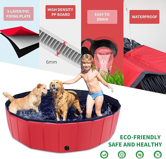 Foldable Dog Pool, 47" x 12" Kiddie Pool with Hard Plastic, Non-Slip Dog Bath Tub for Outdoor Backyard, Collapsible Dog Swimming Pool for Kids Dogs Pets (Red)