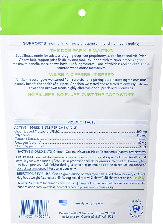 Native Pet Pain Relief for Dogs - Collagen for Dogs Promotes Joint Health, Reduce Inflammation & Stiffness - Senior Pup Joint Supplement - Natural Pain Reliever for Active & Aging Pets - 60 Chews
