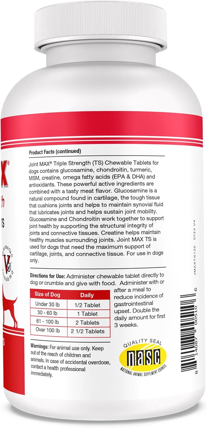 PHS Joint MAX Triple Strength (TS) Chewable Tablets for Dogs - Glucosamine, Chondroitin, MSM - Vitamins, and Antioxidants - Hip and Joint Pain Relief and Support Supplement - Made in USA - 120 Tablets