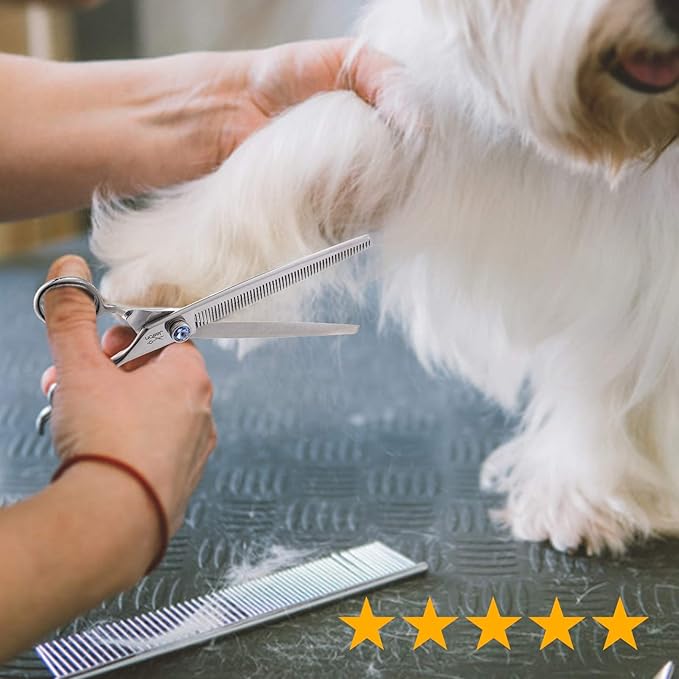 JASON 7.5" 56-Tooth Blending Dogs Grooming Scissors Cats Thinning Shears Pets Blender Thinner Trimming Texturizing Kit with Offset Handle Blue Jewelled Screw (7.5 Inch)