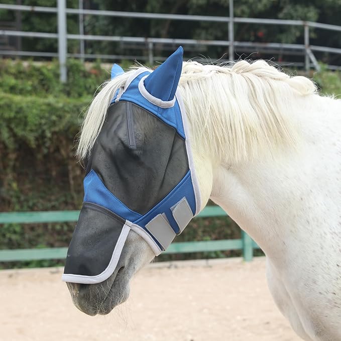 Horse Fly Mask with Ears & Long Nose Cover | Forelock Opening for Tangle-Free Mane Care | UV Protection & Breathable Mesh | No Rub Fit and Enhanced Visbility for Trail Riding RoyalBlue Pony