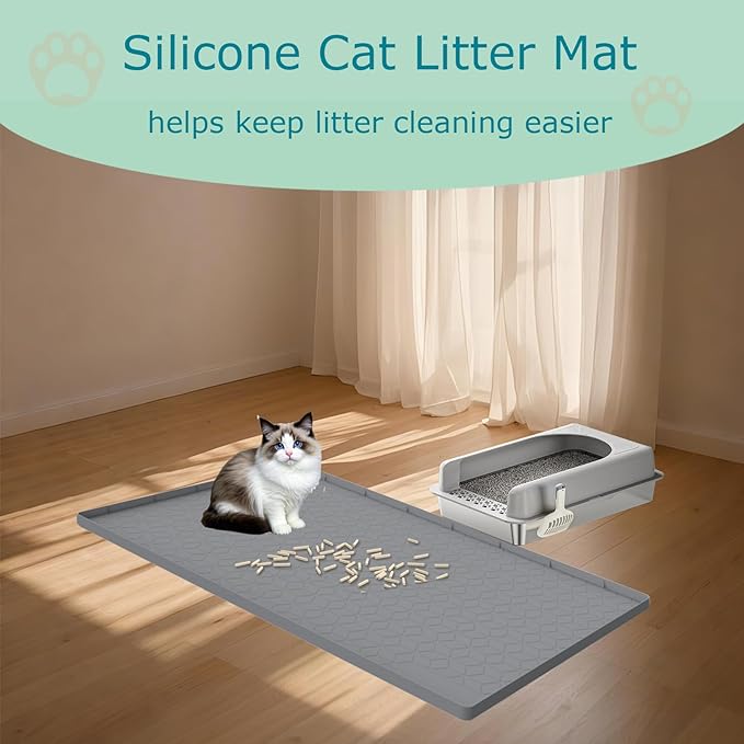 Cat Litter Mat for Litter Box, Silicone Large Cat Litter Trapping Mat - 28x22 in, Waterproof & Non-Slip, Durable & Easy Clean, Gray