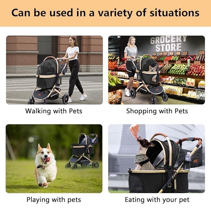 Pettingzoo Dog stroller with 4 Wheels, Folding Cat Stroller for Small/Medium/Large dogs & cats to 60 lbs, pet stroller with removable carrier, Storage Basket,Cup Holder,3 in1 Multifunctiona Detachable