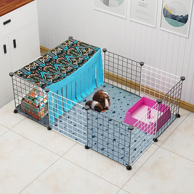 RIOUSSI Guinea Pig Hideout Hideaway Corner Fleece Toys Cage Accessories with Reversible Sides, Geo/Gray+Blue, 27"x14"x14"