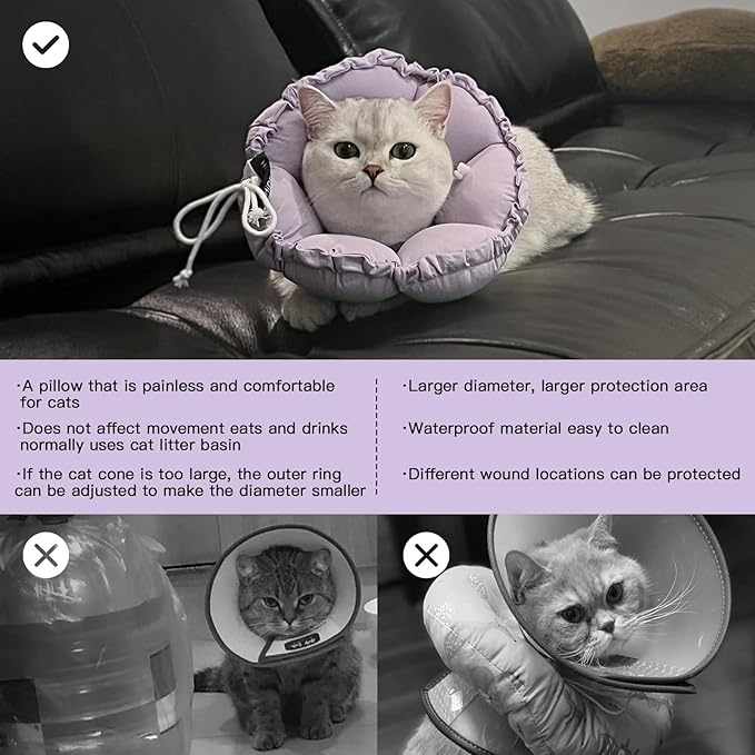 H HIDREAM Soft Cat Cone Collar, Cute Adjustable Cat Recovery Collar,Elizabethan e Collar That can Protect Head and Foot Wounds,Purple Flower All-Season Style