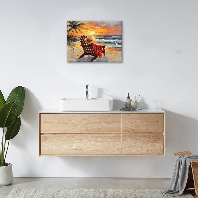 Beach Coastal Bathroom Pictures Wall Art, Seaside Ocean Bathroom Wall Decor, Sunrise Palm Framed Painting Canvas Artwork for Bedroom Living Room Decorations 20"L x 16"W