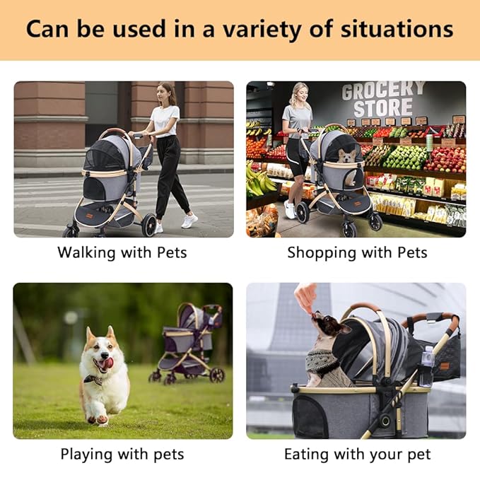 Pettingzoo Dog stroller with 4 Wheels, Folding Cat Stroller for Small/Medium/Large dogs & cats to 60 lbs, pet stroller with removable carrier, Storage BasketCup Holder,3 in1 Multifunctional Detachable