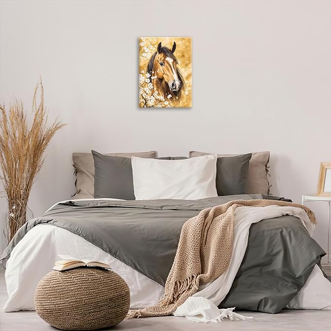 Horse Wall Art Canvas Rustic Horse Wall Decor Prints Framed Painting Farmhouse Flower Pictures Gifts Artwork for Bathroom Living Dining 12"x16"