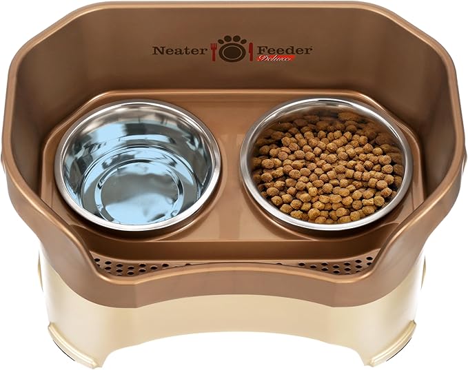 Neater Pet Brands Neater Feeder Deluxe Mess Proof Dog Bowls Elevated for Large Dogs Over 40 lbs, Made in USA, No Spill Raised Dog Food Bowl Stand Feeding Station, Food and Water Bowl Set, Bronze
