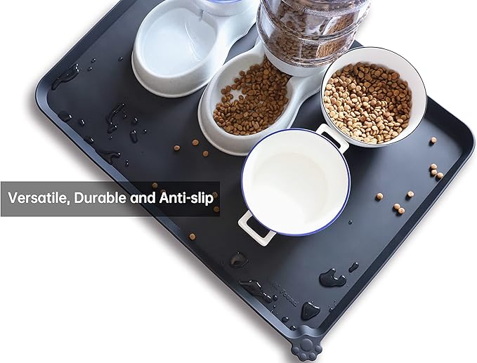 Hoki Found X-Large Silicone Pet Food Mats - Non Slip Dog Cat Bowl Mats - Waterproof - Black