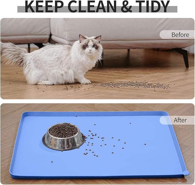 Waterproof Pet Feeding Mat with High Raised Edges, Heavier and Thicker Placemats for Cat Dog Water Bowl with BPA Free, Dogs Cats Food Mats for Messy Drinkers to Prevent Spill and Protect Floors