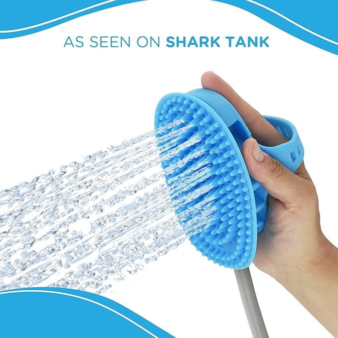Aquapaw 5-in-1 Horse & Dog Bath Brush & Curry Comb - XL Blue Silicone - Includes 3-ft Shower Hose Attachment & Adapter - Adjustable Spray Scrub Massager - Dog Grooming Supplies