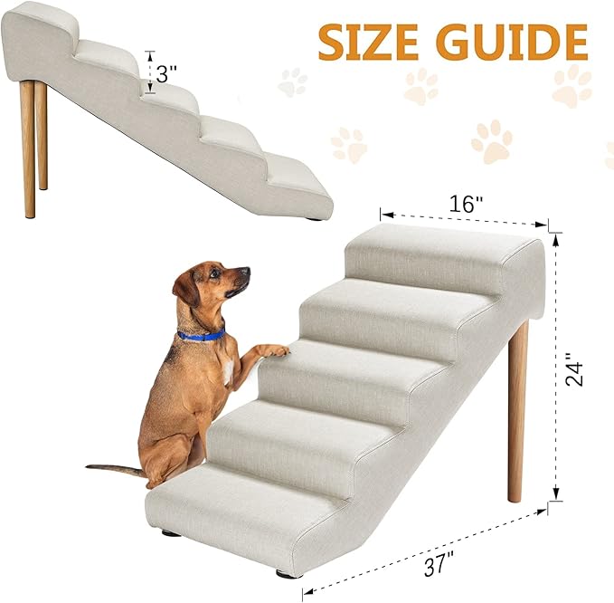 Senneny Imitation Linen Faux Leather Dog Stairs, for Pets up to 150 lbs, Waterproof, Scratch Resistant Pet Steps/Stairs with High Density Foam and Detachable Wooden Legs, Light Beige Linen, 5 Step