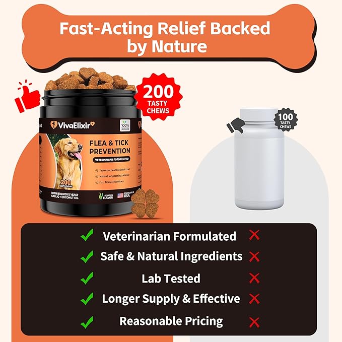 Flea and Tick Prevention for Dogs – 200 Soft Chews - Dog Flea and Tick Treatment & Oral Flea Pills – Skin & Coat Health - Made in USA - for Small, Medium, Large Dogs