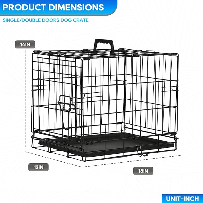 FDW Dog Crate for Small Dogs 18 Inch Folding Metal Wire Pet Cage Double Door W/Divider Panel Indoor Outdoor Kennel Leak-Proof Plastic Tray,Black