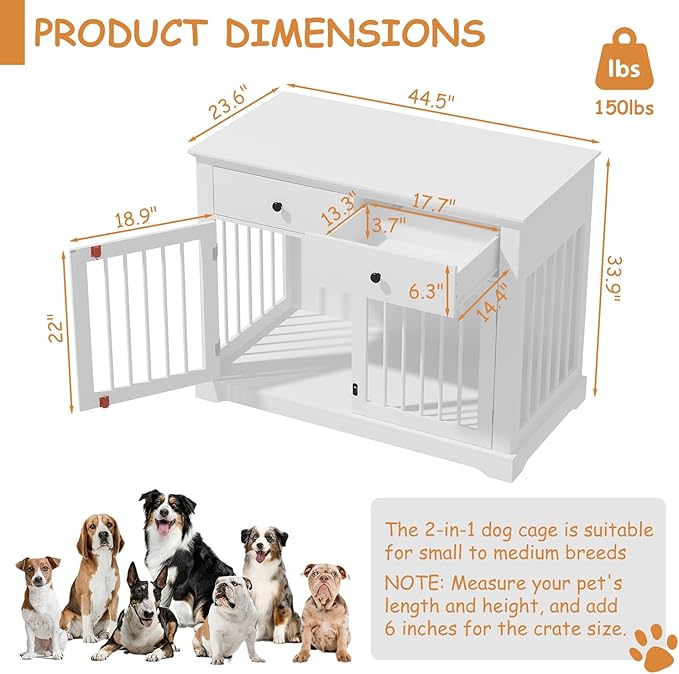 Dog Crate Furniture, 44 Inch Wooden Dog Kennel Indoor with 2 Storage Drawers, Heavy Duty Large Crate Furniture, Decorative End Table Cage Furniture for Small/Medium/Large (White)