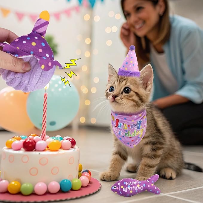BINGPET Cat Birthday Catnip Toys for Indoor Cats,Cat Birthday Hat,Bandana and Cat Birthday Cake Interactive Plush Kitten Chew Toys,Cute Fish,Balloon Toys with Crinkle Paper and Catnip Inside(Purple)