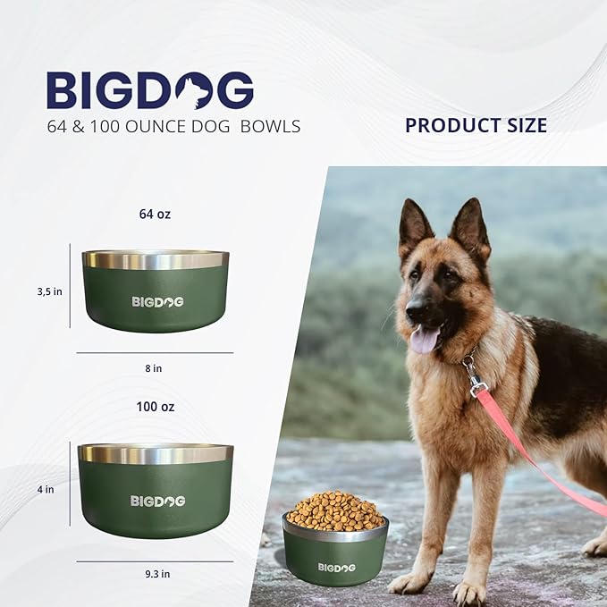 BigDog Dog Bowls, Dog Bowls for Large Dogs, Stainless Steel Dog Bowls, No Spill Dog Bowls, Dog Food and Water Bowl (64 Ounce, Grey)