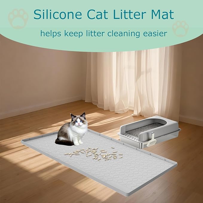 Cat Litter Mat for Litter Box, Silicone Large Cat Litter Trapping Mat - 34x22 in, Waterproof & Non-Slip, Durable & Easy Clean, Light Gray