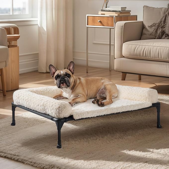 Veehoo Cooling Elevated Dog Bed Add Removable Deluxe Rose Plush Bolster Cushion Mat, 35" x 22" Washable Dog Couch Bed, Raised Pet Cot with Breathable Teslin Mesh, No-Slip Feet, White, CWC2439B