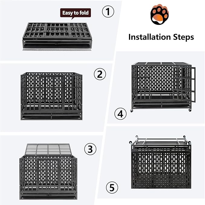 48/42 Inch Heavy Duty Indestructible Dog Crate Steel Escape Proof, Indoor Double Door High Anxiety Cage, Kennel with Wheels, Removable Tray, Extra Large XL XXL