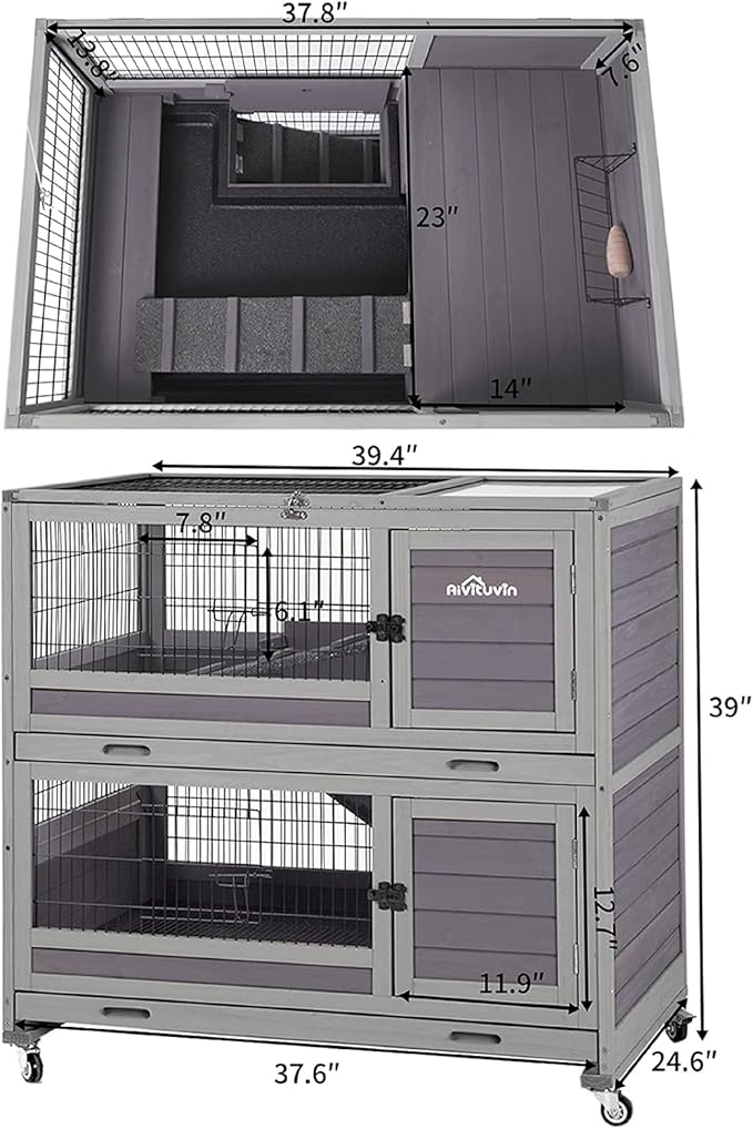 Rabbit Hutch Indoor Outdoor Bunny Hutch Pull Out Tray Guinea Pig Cage with Bottom Wire-Netting, On Wheels (Gery) 39.4" L x 24.6" W x 39" H