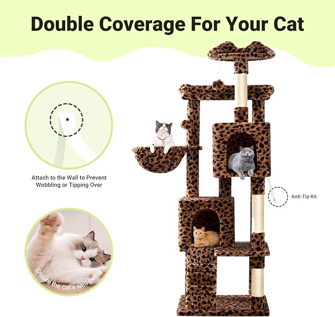Allewie 64 Inches Cat Tree Tower/Multi-Level Activity Center for Indoor Big Felines/2 Plush Condos/2 Perchs/Basket/House/Sisal Scratching Posts/Hanging Cat Toys/Leopard Print