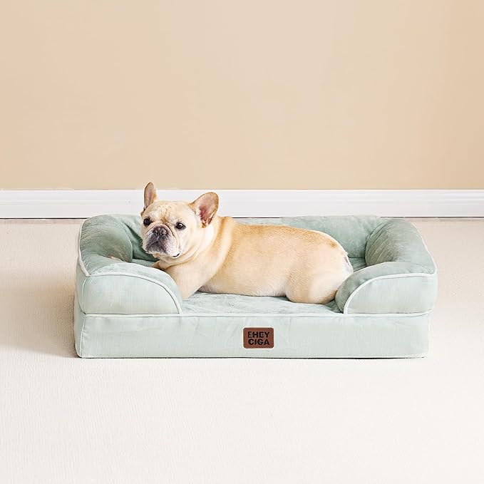 EHEYCIGA Orthopedic Dog Bed for Small Dogs, Waterproof Memory Foam Small Dog Beds with Sides, Non-Slip Bottom and Egg-Crate Foam Medium Pet Couch Bed with Washable Removable Cover, Sage Green