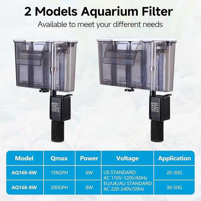 AQQA Quiet 30-50 Gallon Fish Tank Filters - Auto Start Hang on Back Aquarium Filter, Adjustable Flow, Deodorization Decontamination Filter System AQ168 (8W 200GPH)