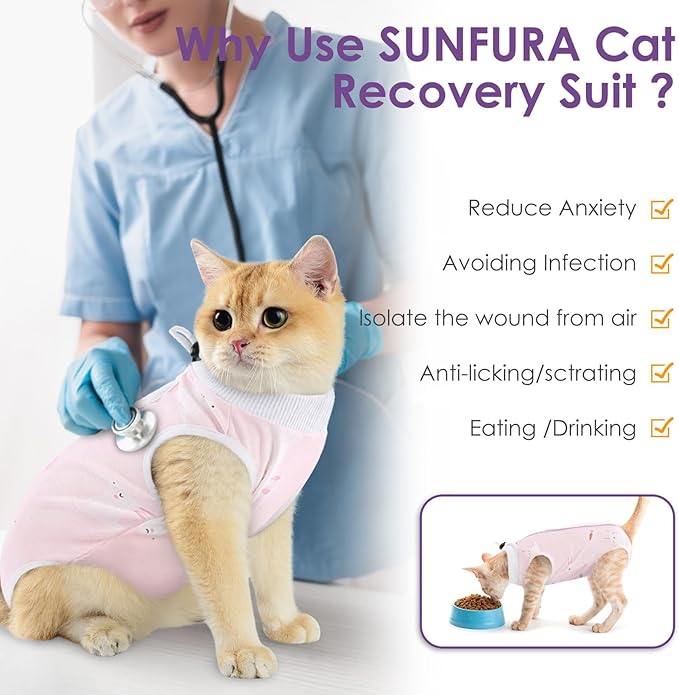 SUNFURA Cat Recovery Suit, Kitten Surgical Full Bodysuit for Abdominal Wound Protector Anti Licking After Surgery, Professional Bandages Cone E-Collar Alternative for Small Male & Female Pets