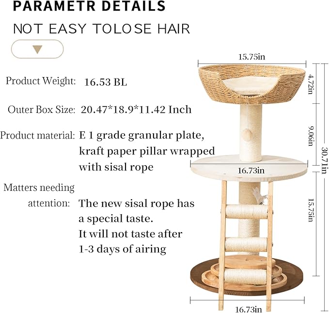 Natural Wood Modern Cat Tree with Top Cats Bed, Unique Cute Cats Furniture Activity Centre with Sisal Rope Scratching Posts, Cats Tower Condo with Interactive Cat Toy Tree