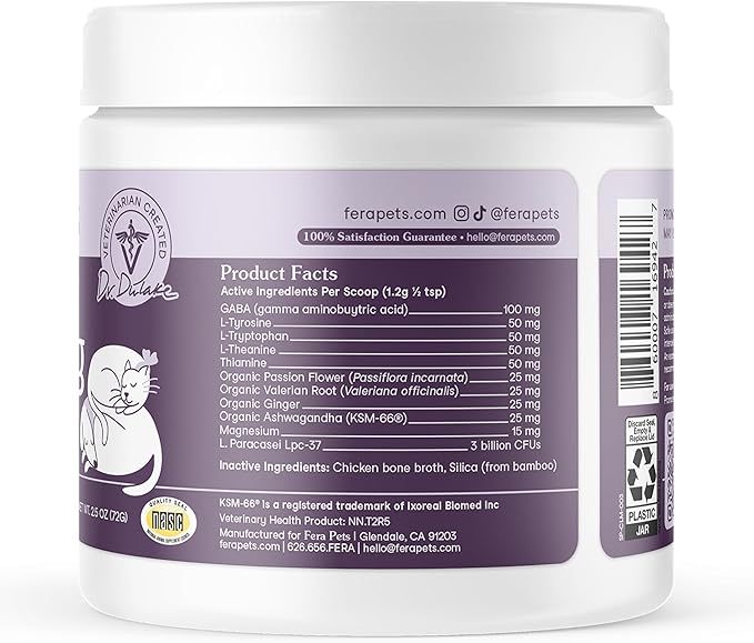 Fera Pets Calming Supplement for Dogs & Cats with Probiotics, L-Theanine, and Ashwagandha - Supports Anxiety Relief - Promotes Relaxation - 60 Scoops