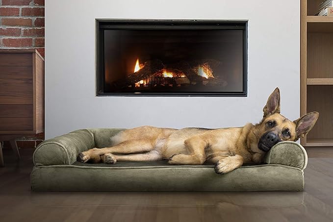 Furhaven Orthopedic Dog Bed for Large Dogs w/ Removable Bolsters & Washable Cover, For Dogs Up to 95 lbs - Faux Fur & Velvet Sofa - Dark Sage, Jumbo/XL