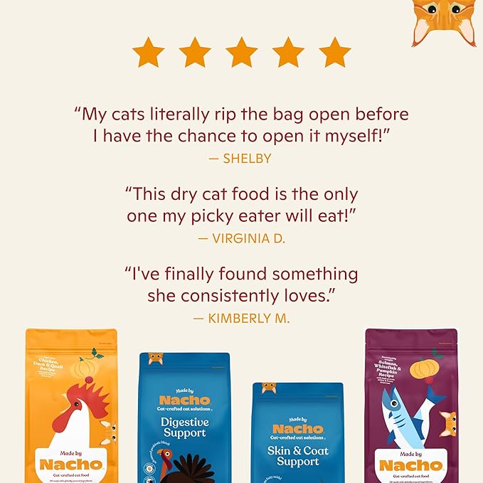 Made by Nacho Dry Cat Kibble 10lb Bag, High Protein Premium Cat Food with Freeze-Dried Pieces, Cage-Free Chicken, Duck & Quail, Limited Ingredients, Single Bag